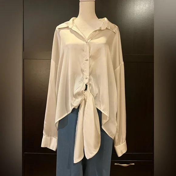 Anthropologie Hutch tie front satin blouse. Button down, lapel collar. Size 1X - Picture 6 of 12
